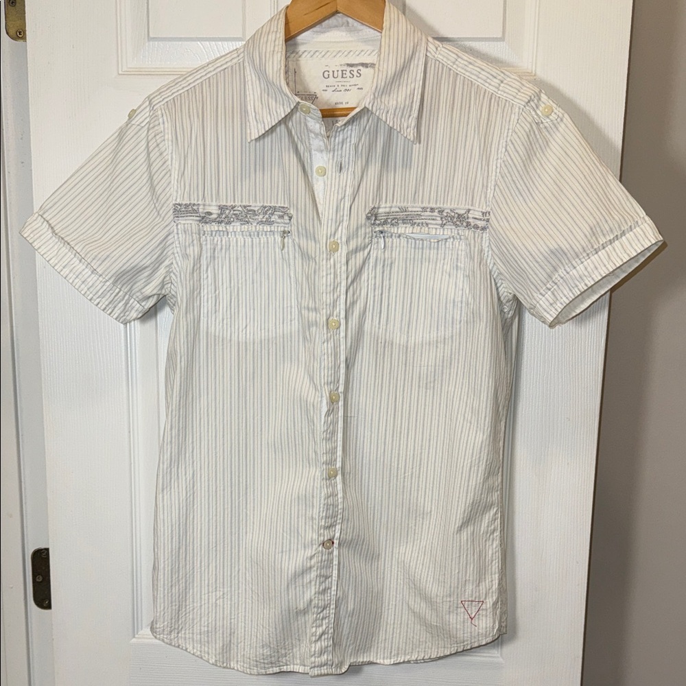 GUESS White Short-Sleeve Pinstripe Button-Down Shirt